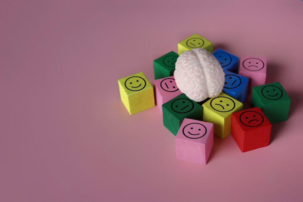 Brain figurine and blocks with illustrations of emotions