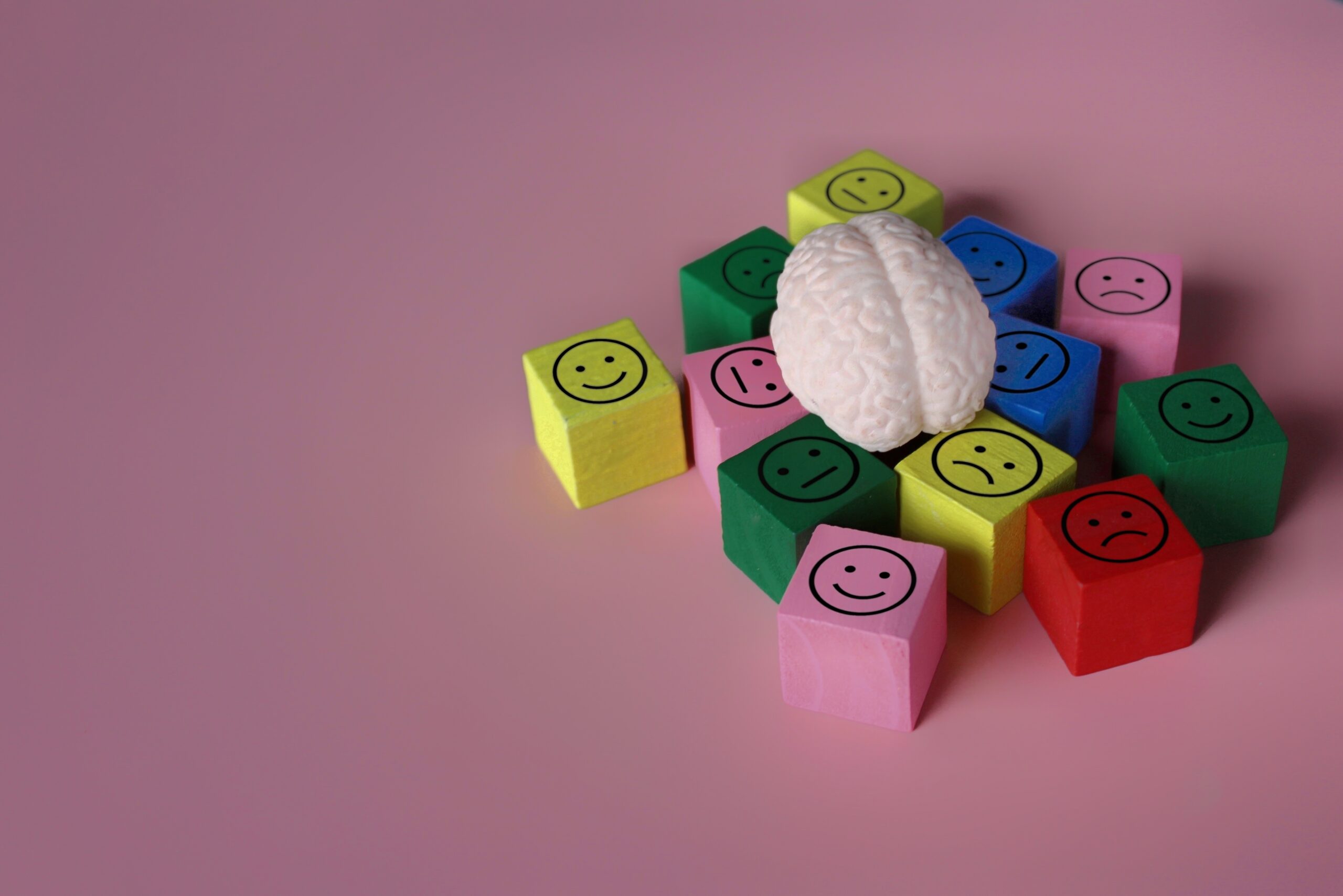 Brain figurine and blocks with illustrations of emotions